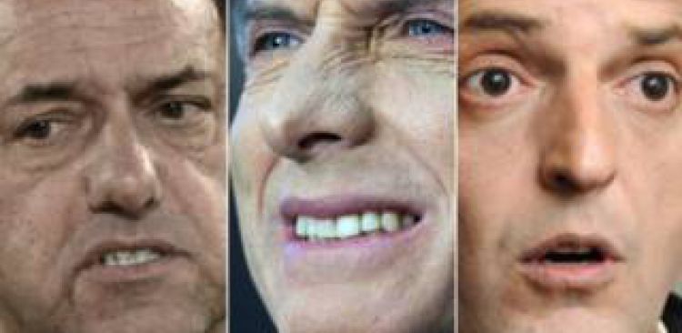 Los tres candidatos con más chances de pasar a un ballotage: Daniel Scioli, Mauricio Macri y Sergio Massa.